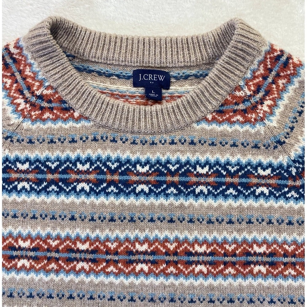 J Crew Mens L Striped Lambs Wool Sweater Beige Blue Orange Academia Dad - Picture 2 of 8